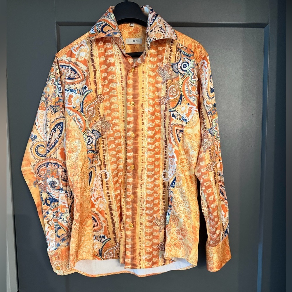 *RARE & VINTAGE* Men’s Stone Rose Orange and Blue Paisley Shirt size 2(Small)